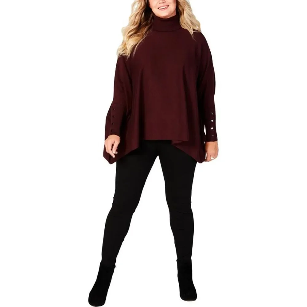 Alfani Womens Purple Turtle Neck Long Sleeves Solid Poncho Top Shirt Plus NWOT